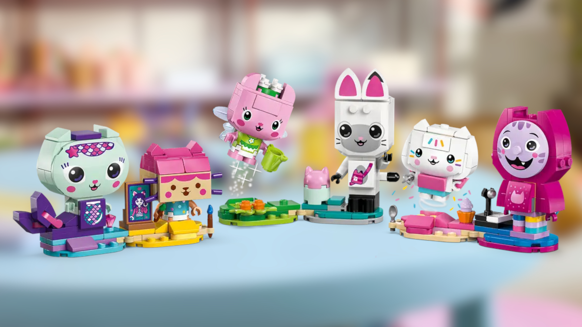 Lego Gabby's Brick-Built Cat Friends on a blurred background