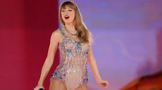 Taylor Swift performs in a sparkly leotard during "Taylor Swift | The Eras Tour" at the National Stadium on March 02, 2024 in Singapore