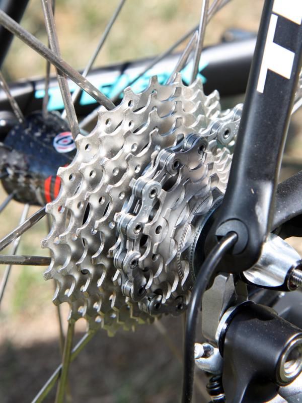 Andy Schleck's (Leopard Trek) bike is fitted with a Shimano Ultegra cassette - likely to help the bike hit the UCI-mandated 6.8kg minimum weight limit.