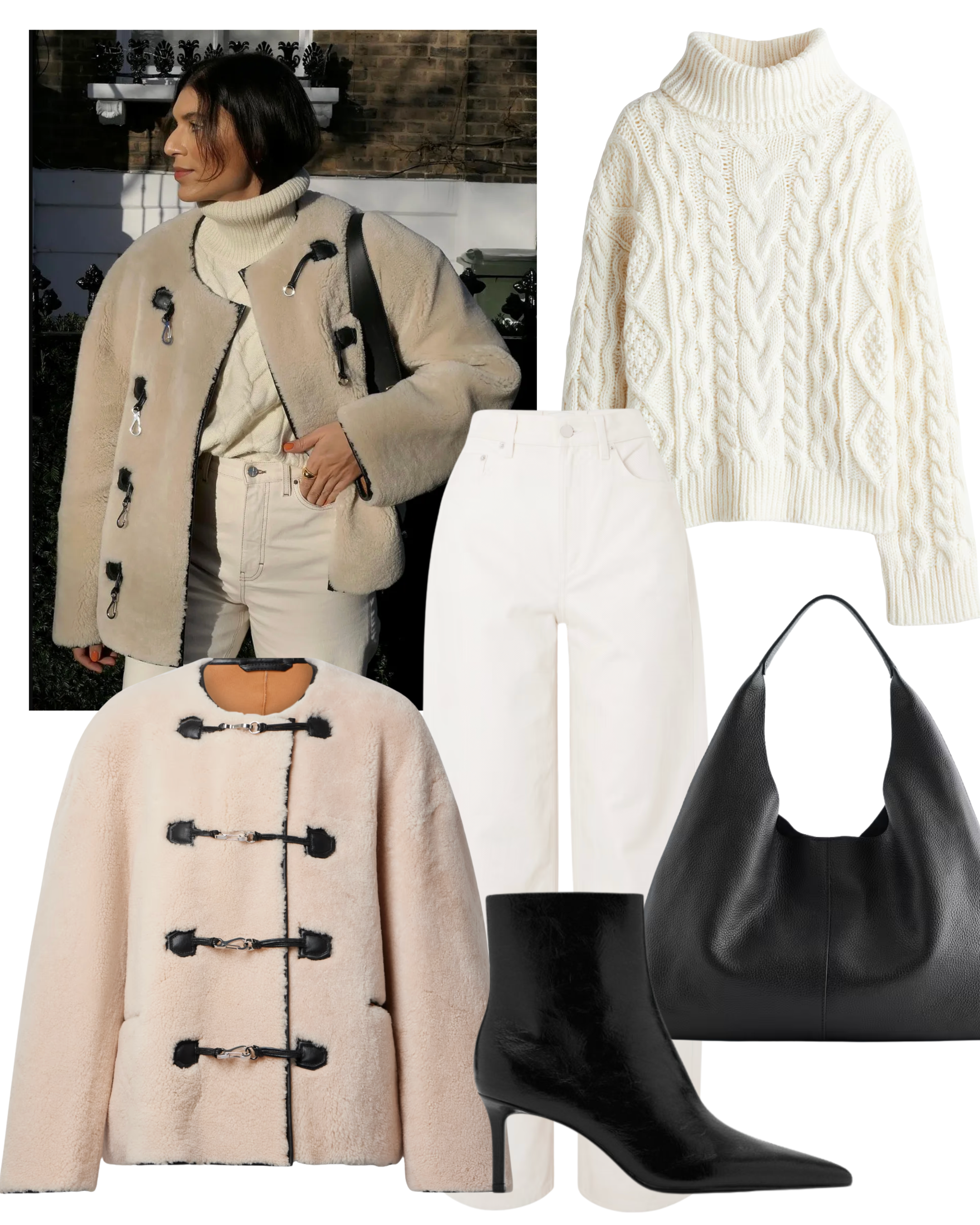 @theindiaedit wears toteme shearling jacket, white jeans, white jumper, black bag