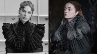 From left to right: Taylor Swift in the Fortnight music video using a type writer and Sophie Turner as Sansa Stark looking to her left in Game of Thrones.