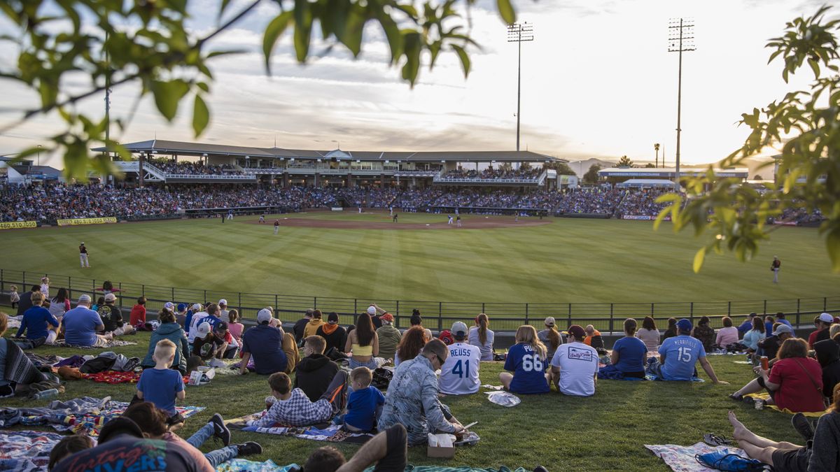 Fans sitting in the grassy outfield of Surprise Stadium.