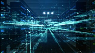Picture of data center servers overlaid with green numbers and lines representing data