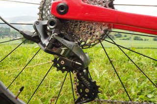 A SRAM Force clutch mech keeps the chain on the 3T Strada