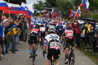 GORIZIA ITALY MAY 23 Victor Campenaerts of Belgium and Team Qhubeka Assos in the Breakaway passing through Slovenia Gornje Cerovo 224m during the 104th Giro dItalia 2021 Stage 15 a 147km stage from Grado to Gorizia Fans Public UCIworldtour girodiitalia Giro on May 23 2021 in Gorizia Italy Photo by Tim de WaeleGetty Images