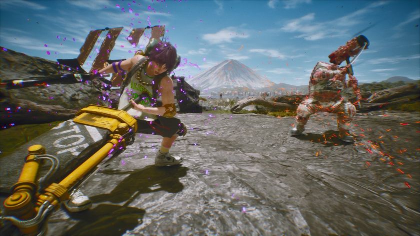 A woman with a huge melee weapon charges it up to attack a monster