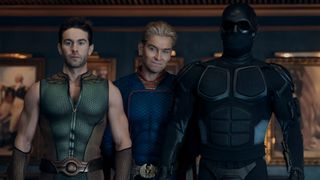 The Deep, Homelander, and Black Noir staring forward on The Boys.