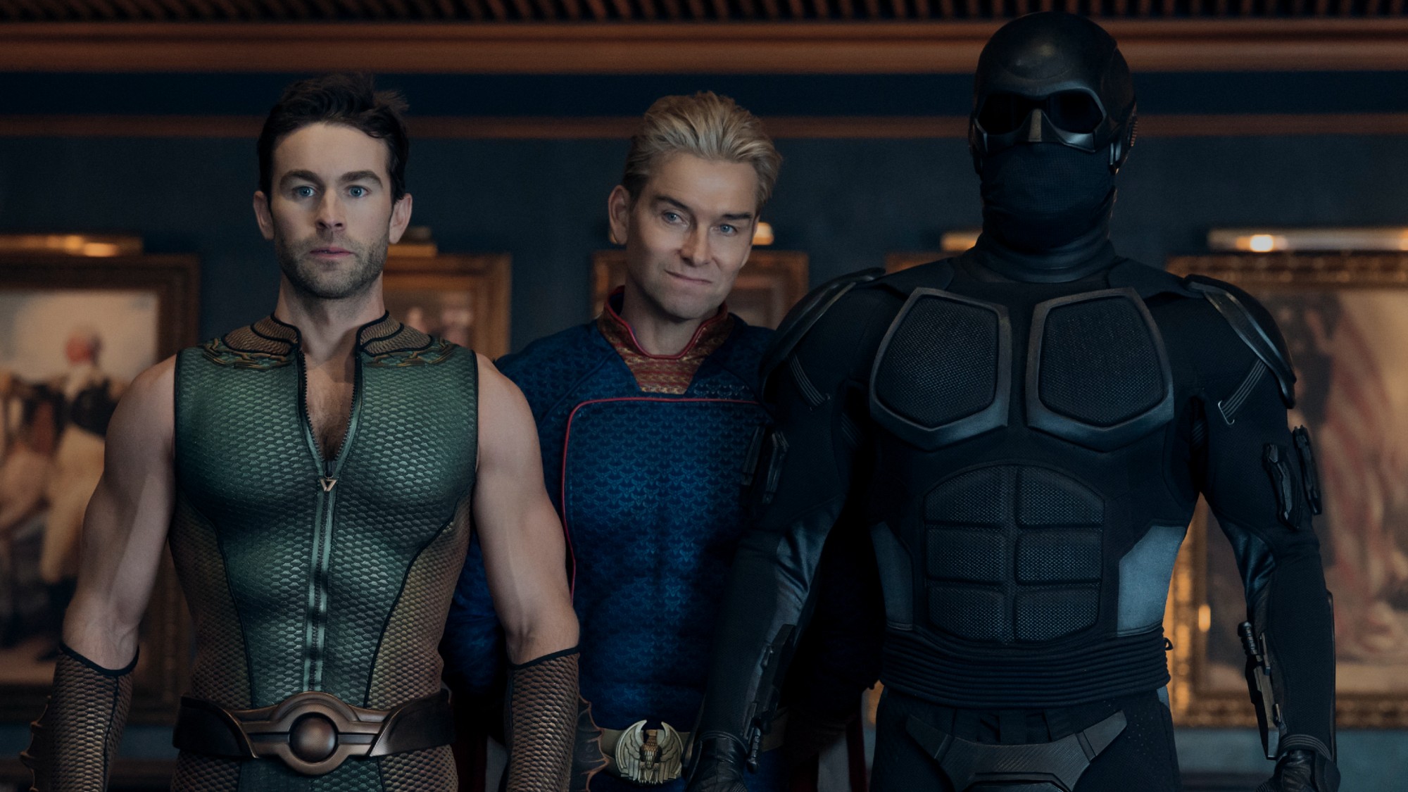 The Deep, Homelander, and Black Noir staring forward on The Boys.