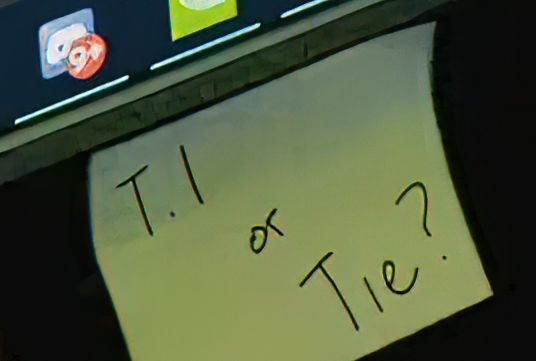 Screenshot from Nvidia GTC 2022 teaser showing a sticky note that reads 'T.I or Tie?'