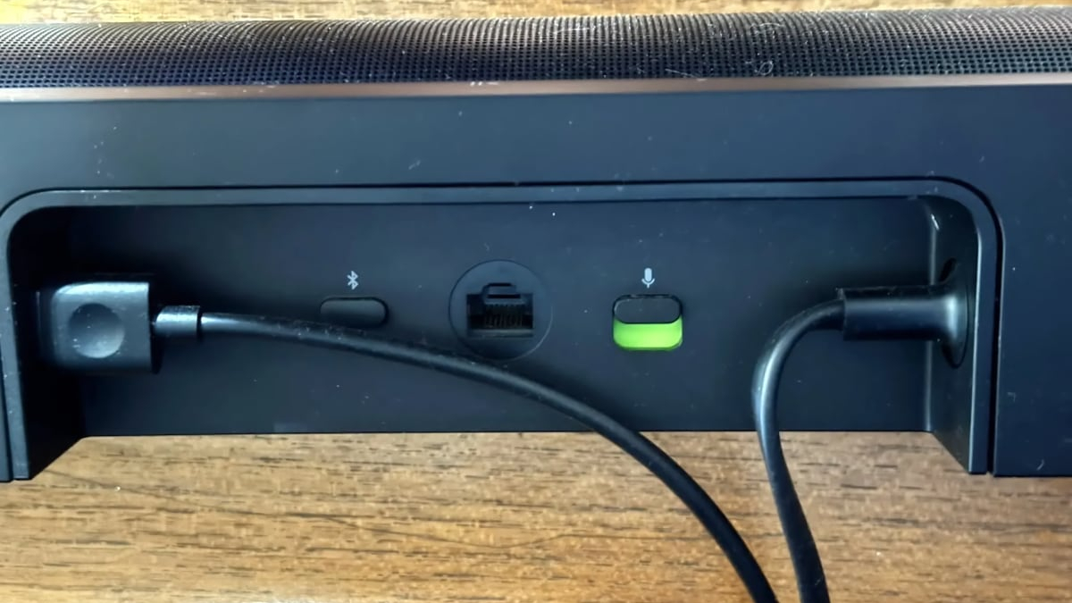 On the back of the Sonos Arc Ultra you will find an HDMI port, an Ethernet port, a Bluetooth button, and a microphone button.