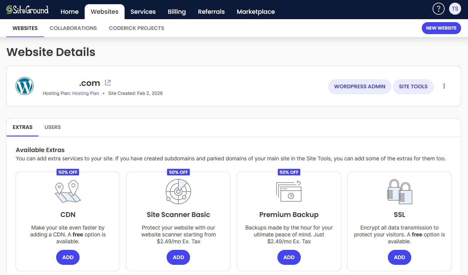 SiteGround list of websites in customer dashboard