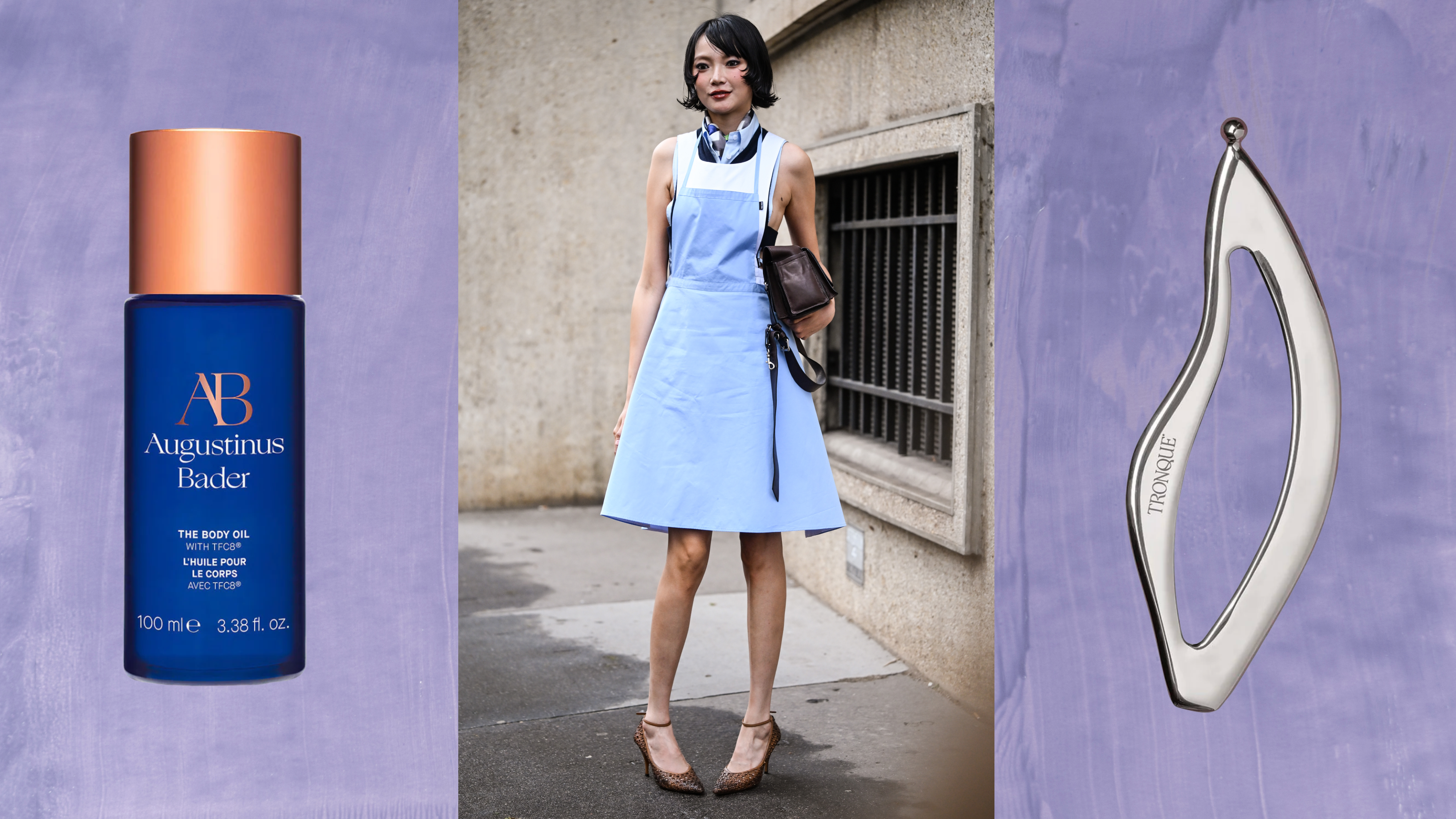 A woman with a short flipped bob hairstyle wearing a blue and white dress with cheetah print heels and holding a brown bag. She is next to a bottle of body oil and a body massager.