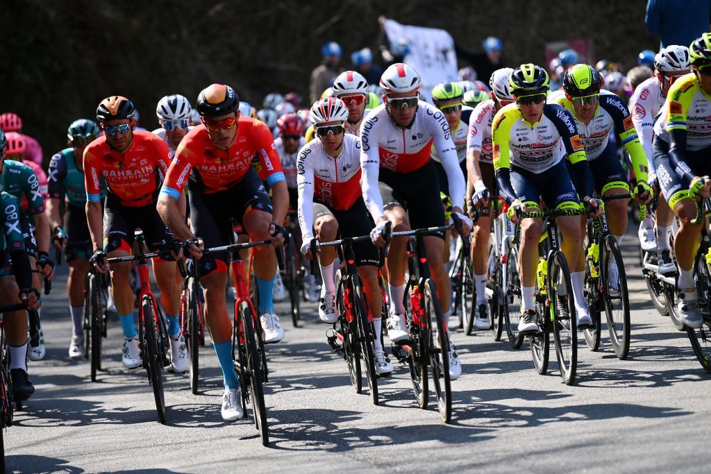 SANREMO ITALY MARCH 19 LR Damiano Caruso of Italy and Team Bahrain Victorious Bryan Coquard of France and Team Cofidis Alexander Kristoff of Norway and Team Intermarch Wanty Gobert Matriaux and the peloton compete during the 113th MilanoSanremo 2022 a 293km one day race from Milano to Sanremo MilanoSanremo on March 19 2022 in Sanremo Italy Photo by Tim de WaeleGetty Images