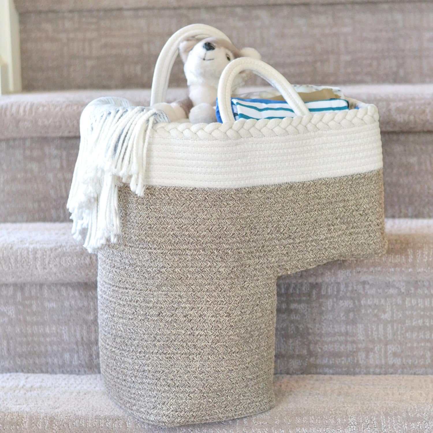 Stair Basket for Carpeted &amp;amp; Wooden Stairs - Cotton Rope Basket Staircase Handles - Storage Stair Steps for Laundry, Toys, Nursery Caddy - Cream &amp;amp; Brown 15.75" L X 7.87" W X 15.75 "h