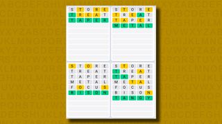 Quordle Daily Sequence answers for game 1069 on a yellow background