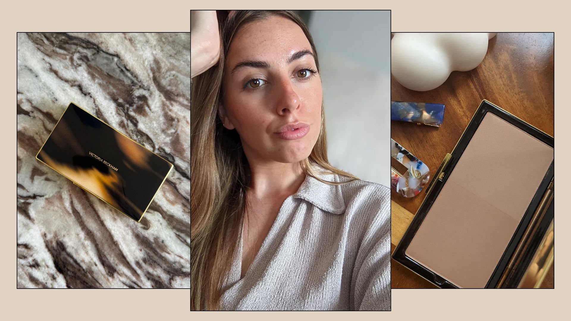A collage with beauty director Shannon Lawlor testing the Victoria Beckham Beauty Matte Bronzing Brick