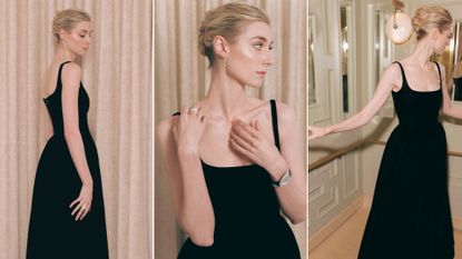 A collage of Elizabeth Debicki getting ready for the 2024 emmys