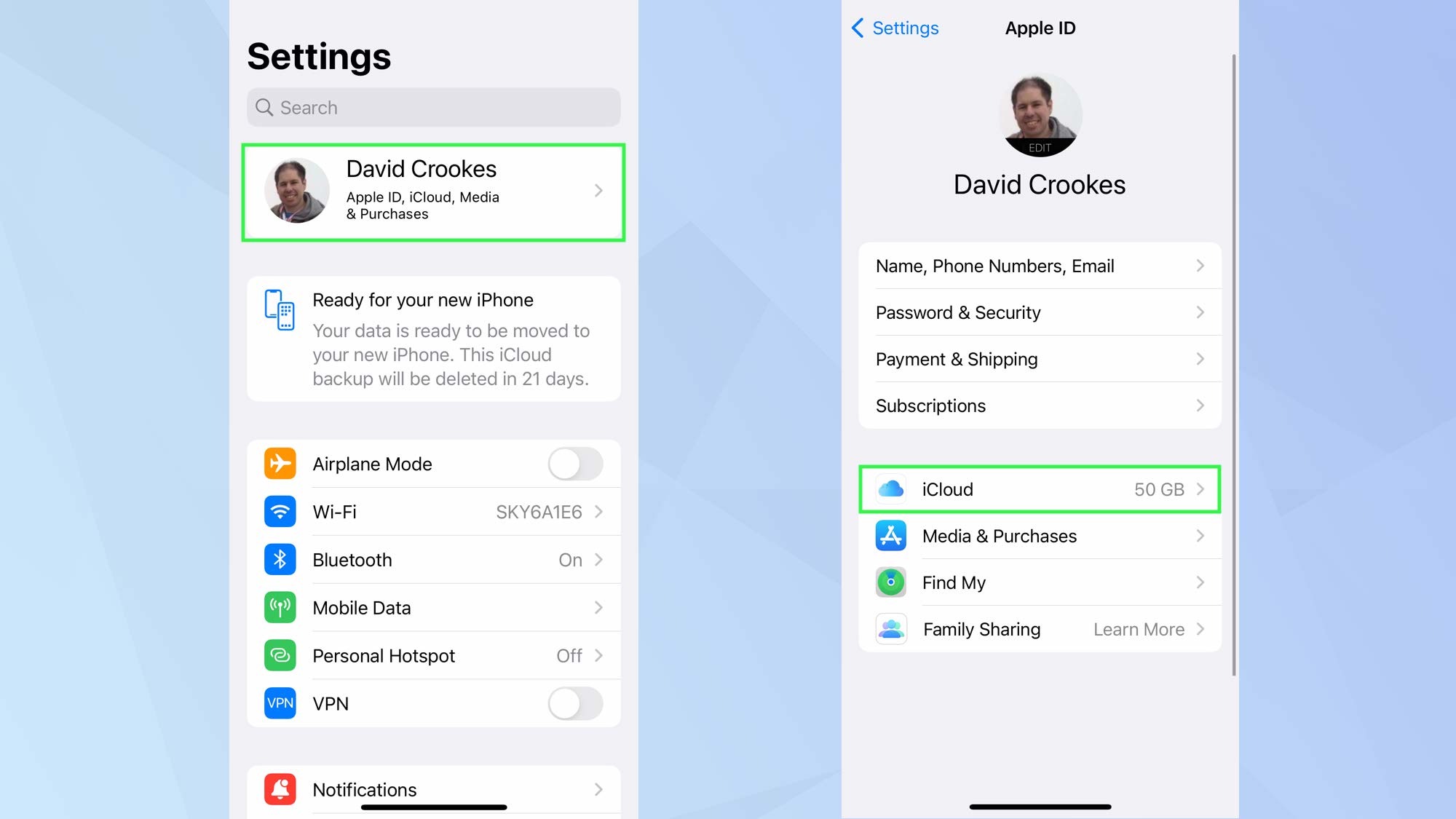 iOS Settings app with name and iCloud highlighted