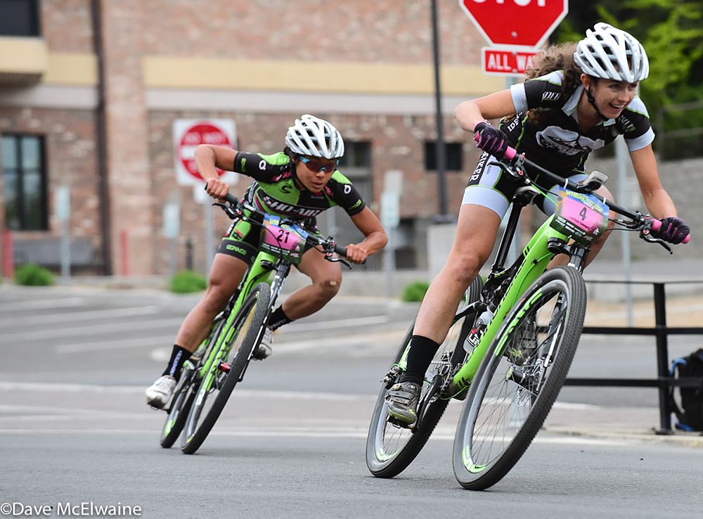 Larissa Connor (Roadbiker Alliance) riding to a podium position ahead of Evelyn Dong