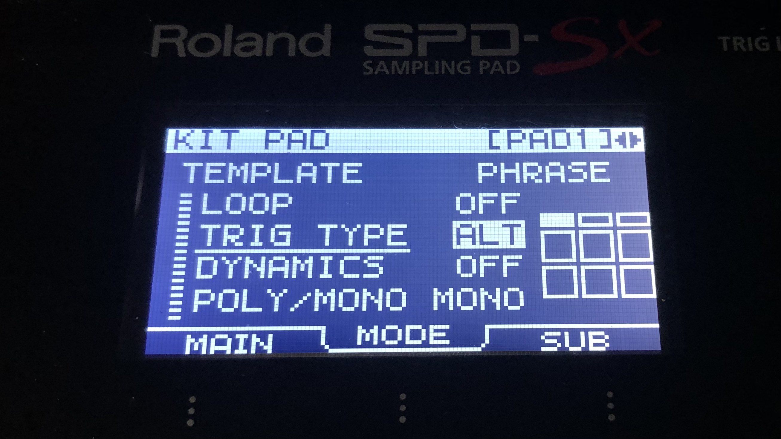 Roland SPD-SX menu