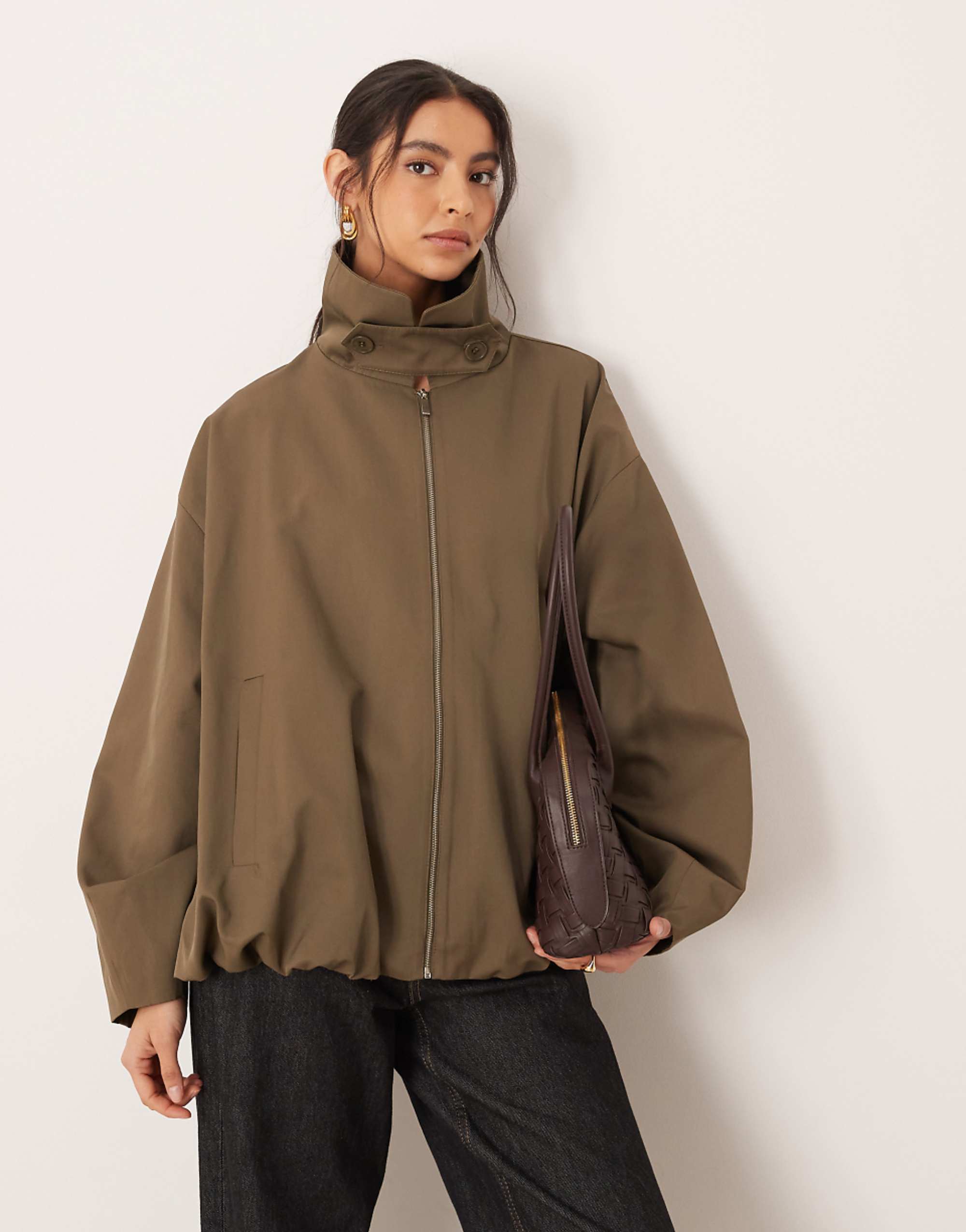 Asos Design Bubble Hem Funnel Neck Trench Jacket in Olive
