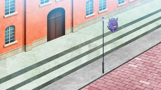 Gengar sits on some stairs in Pokemon