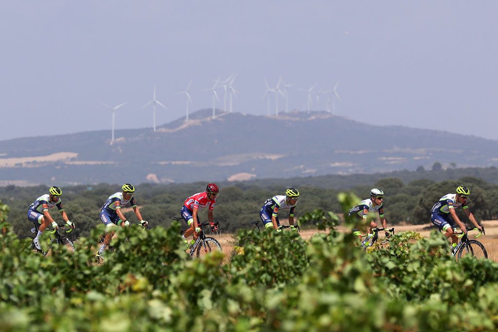 ALBACETE SPAIN AUGUST 18 Rein Taarame of Estonia and Team Intermarch Wanty Gobert Matriaux Red Leader Jersey and Teammates during the 76th Tour of Spain 2021 Stage 5 a 1844km stage from Tarancn to Albacete lavuelta LaVuelta21 on August 18 2021 in Albacete Spain Photo by Gonzalo Arroyo MorenoGetty Images