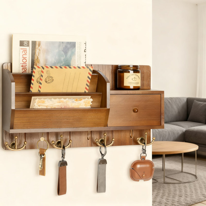Ophelia &amp;amp; Co. Wall Mount Key Holder With Mail Organizer, Drawer and Multiple Hooks, Space Saving Entryway Organizer for Home Decor and Wall Organization | Wayfair