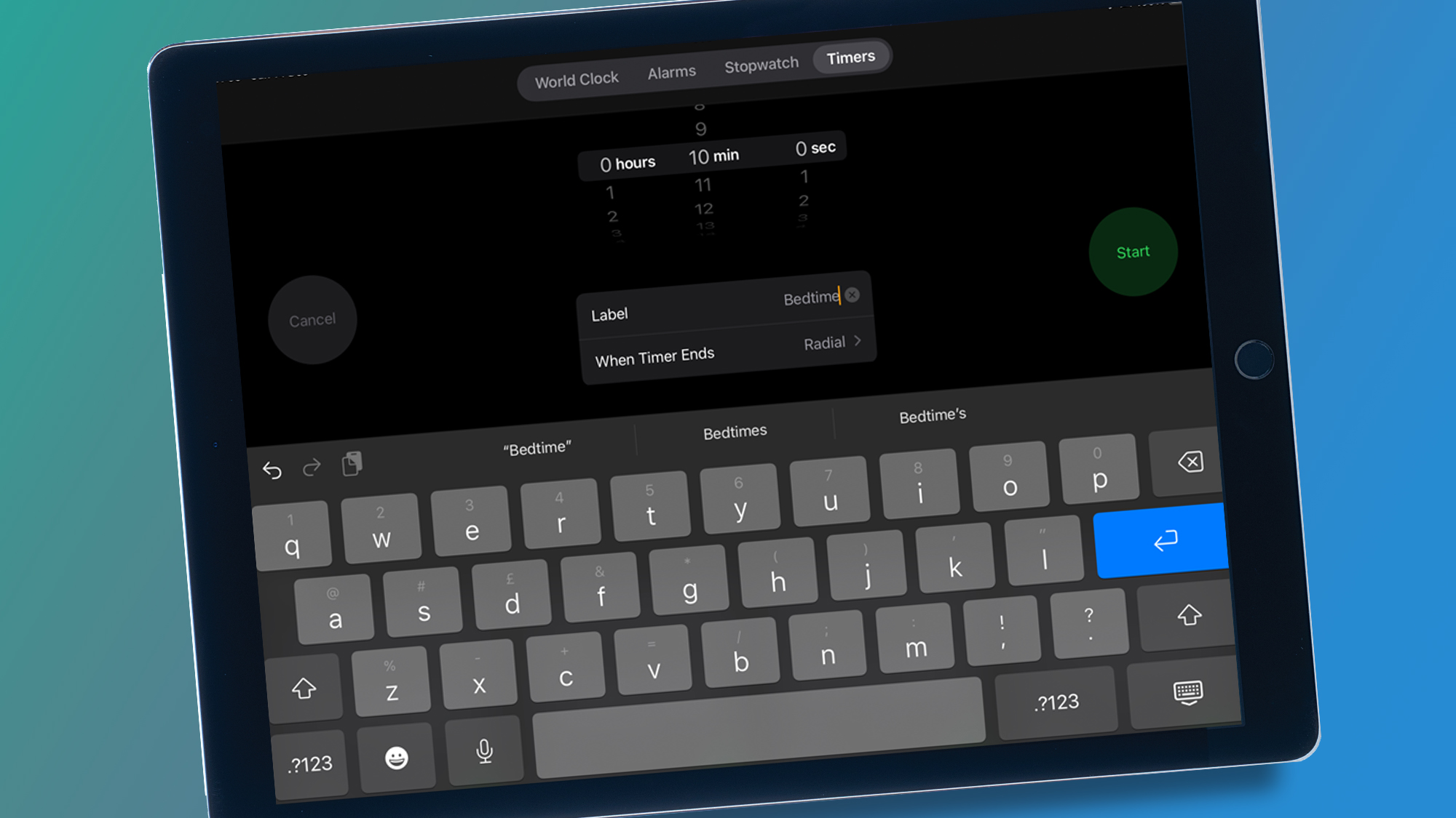 An iPad on a green and blue background showing setting a timer in the Clock app