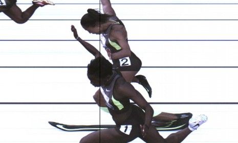 The third place photo-finish of the women&amp;#039;s 100-meter final shows Allyson Felix and Jeneba Tarmoh (foreground) in a dead heat for the last spot on the U.S. Olympic team.