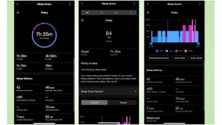 Screenshots from the Garmin Connect app showing Sleep Score stats