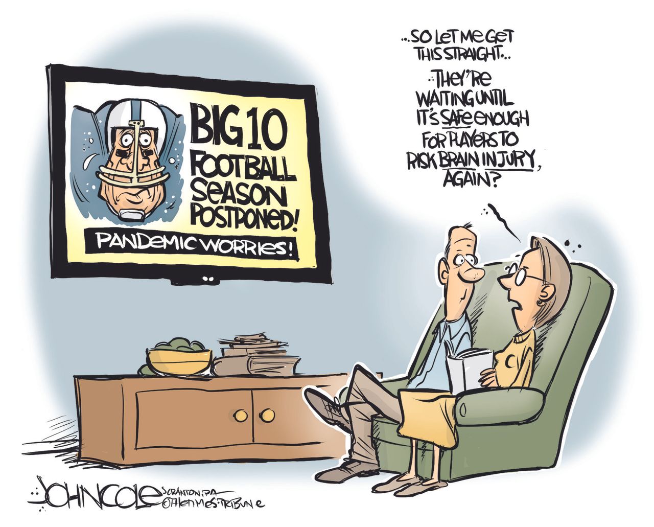 Editorial Cartoon U.S. College&amp;amp;nbsp;Football Coronavirus Cancelation Brain Injury CTE Concussions