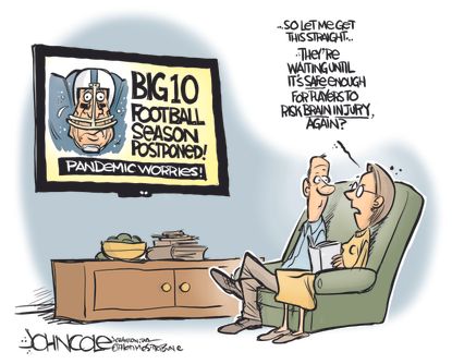 Editorial Cartoon U.S. College&nbsp;Football Coronavirus Cancelation Brain Injury CTE Concussions