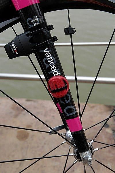The red sensor is the race transponder fitted to all bikes to record finishing times electronically.
