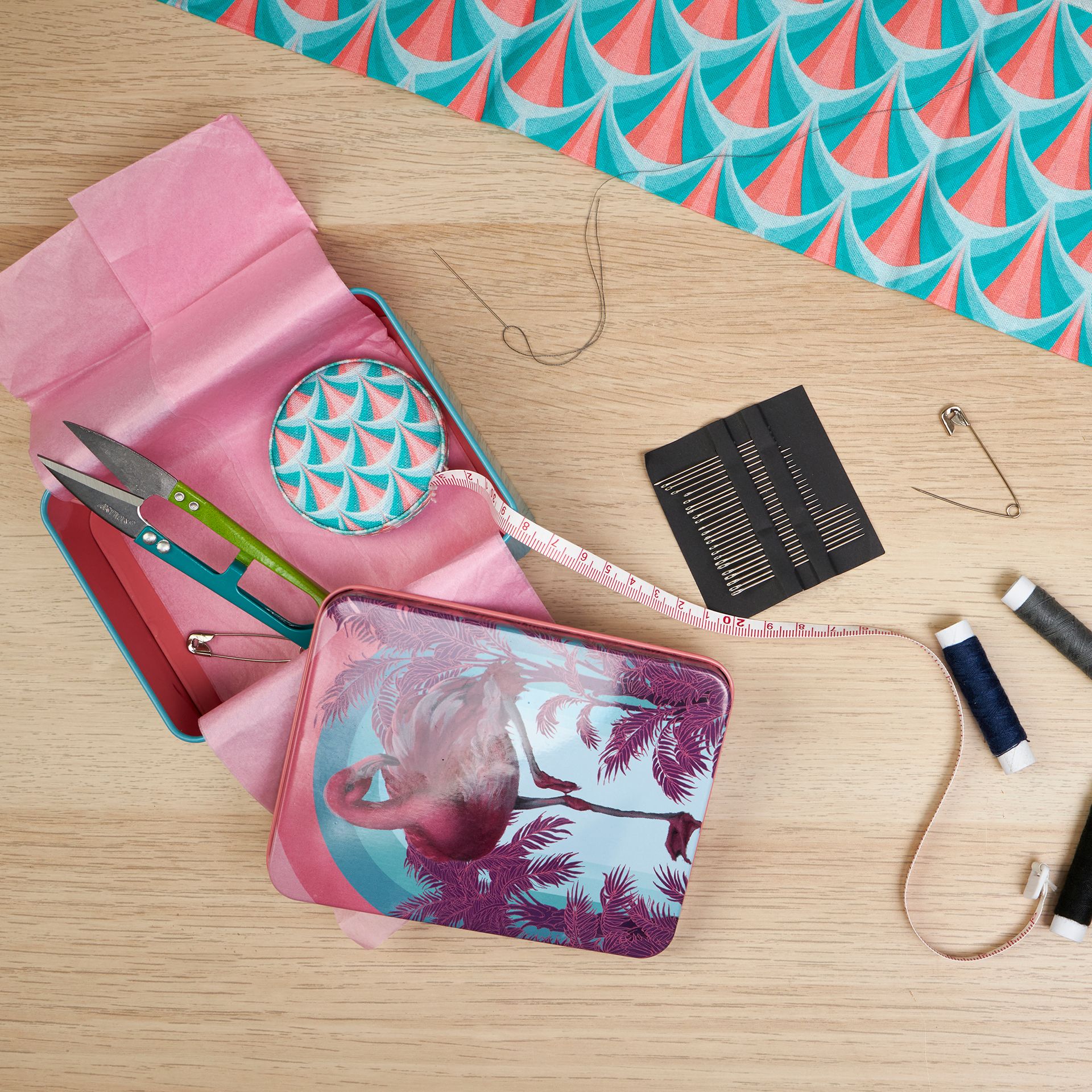 Aldi sewing box with flamingo on