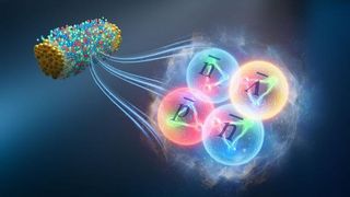 An artist&#039;s illustration of an antihyperhydrogen-4 antimatter nucleus being created from the collision of two gold nuclei.