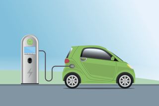 rendering of a green EV at a charging station