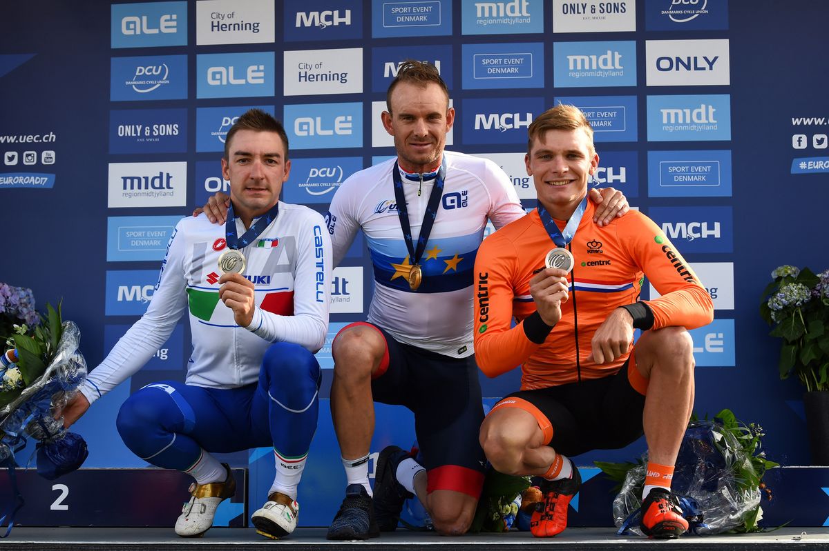 Elia Viviani, Alexander Kristoff and Moreno Hofland on the European road race podium