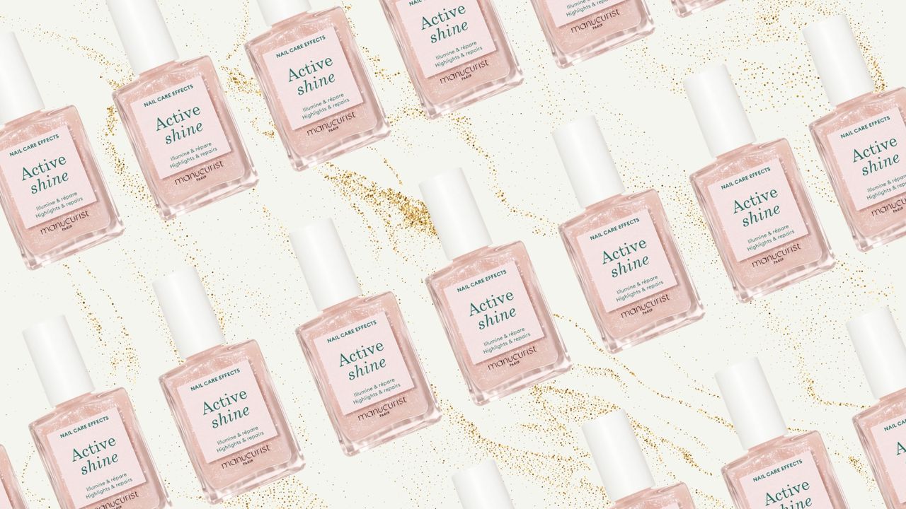 A collage of Manucurist&#039;s Active Shine sheer pink shimmer nail polish, repeated in a diagonal line pattern and featured on a cream and gold glitter template