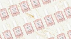 A collage of Manucurist's Active Shine sheer pink shimmer nail polish, repeated in a diagonal line pattern and featured on a cream and gold glitter template