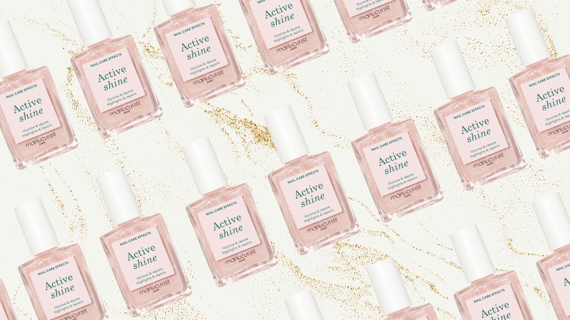 A collage of Manucurist&#039;s Active Shine sheer pink shimmer nail polish, repeated in a diagonal line pattern and featured on a cream and gold glitter template