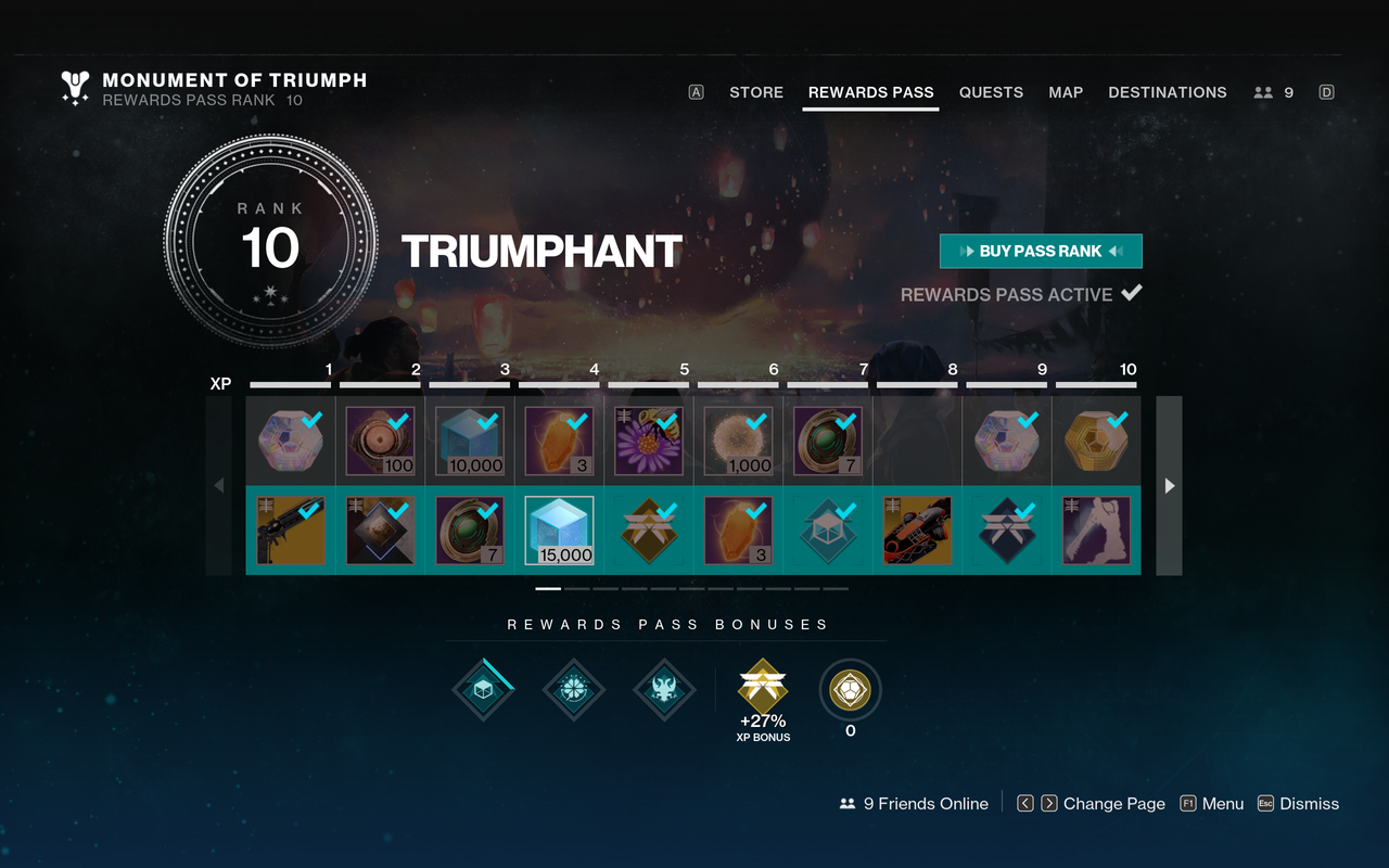 The seasonal battle pass menu, showing the player's level and available rewards.