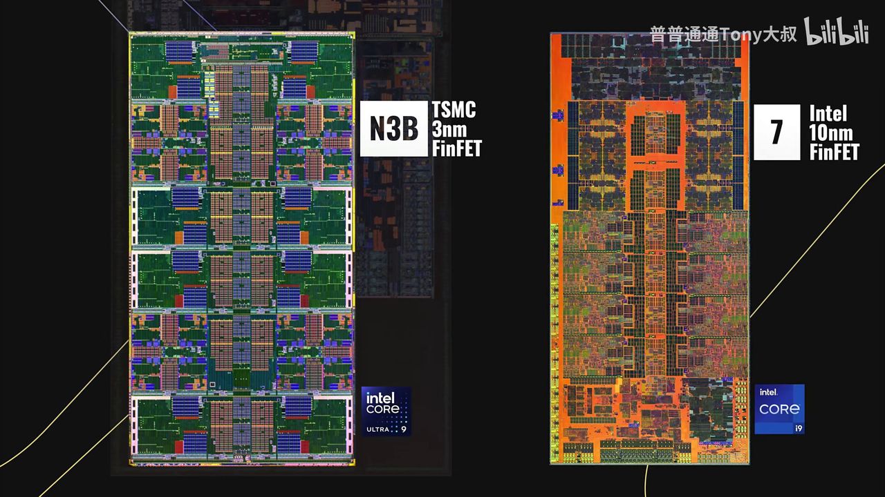 A screenshot from a video by Ordinary Uncle Tony, showing the internal structure of Intel's Arrow Lake desktop CPU