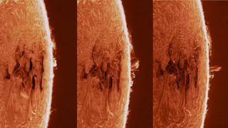 three side by side images show a close up view of the sun where it looks like large fiery tendrils are lashing out from the solar surface. A huge darker region on the surface marks the location of the sunspot region.