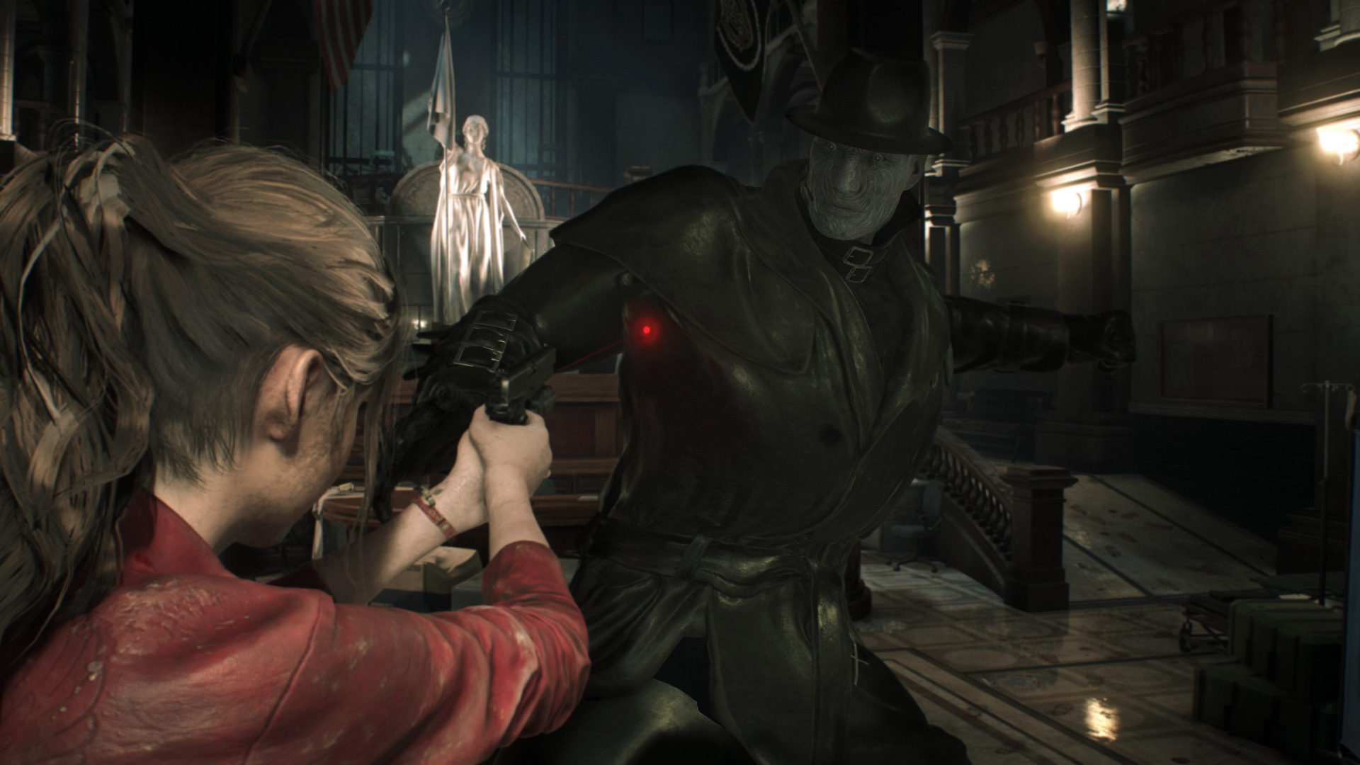 best horror games – Claire Redfield points her gun at Mr. X