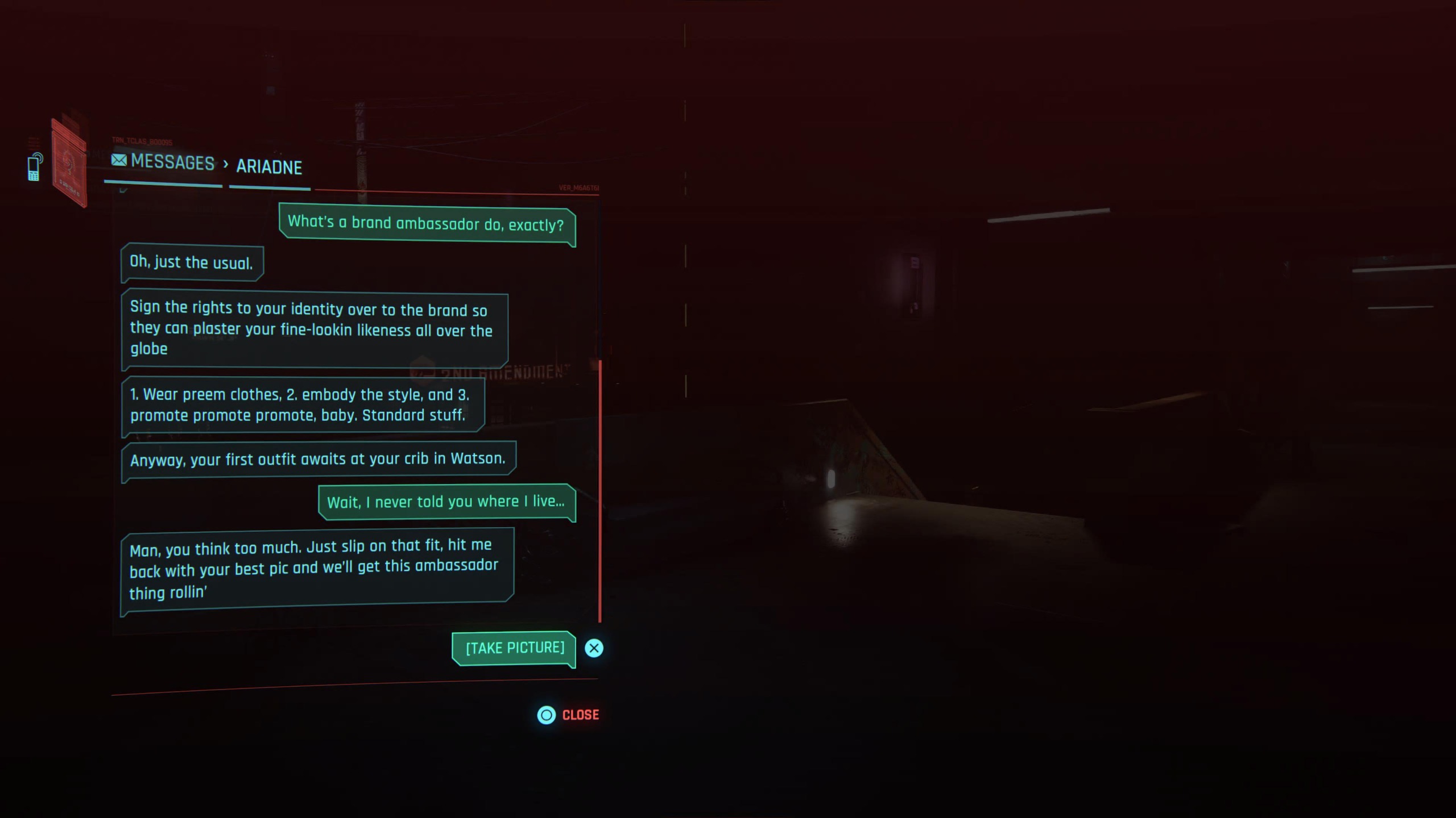 V responds to Ariadne in Cyberpunk 2077 and sends a picture