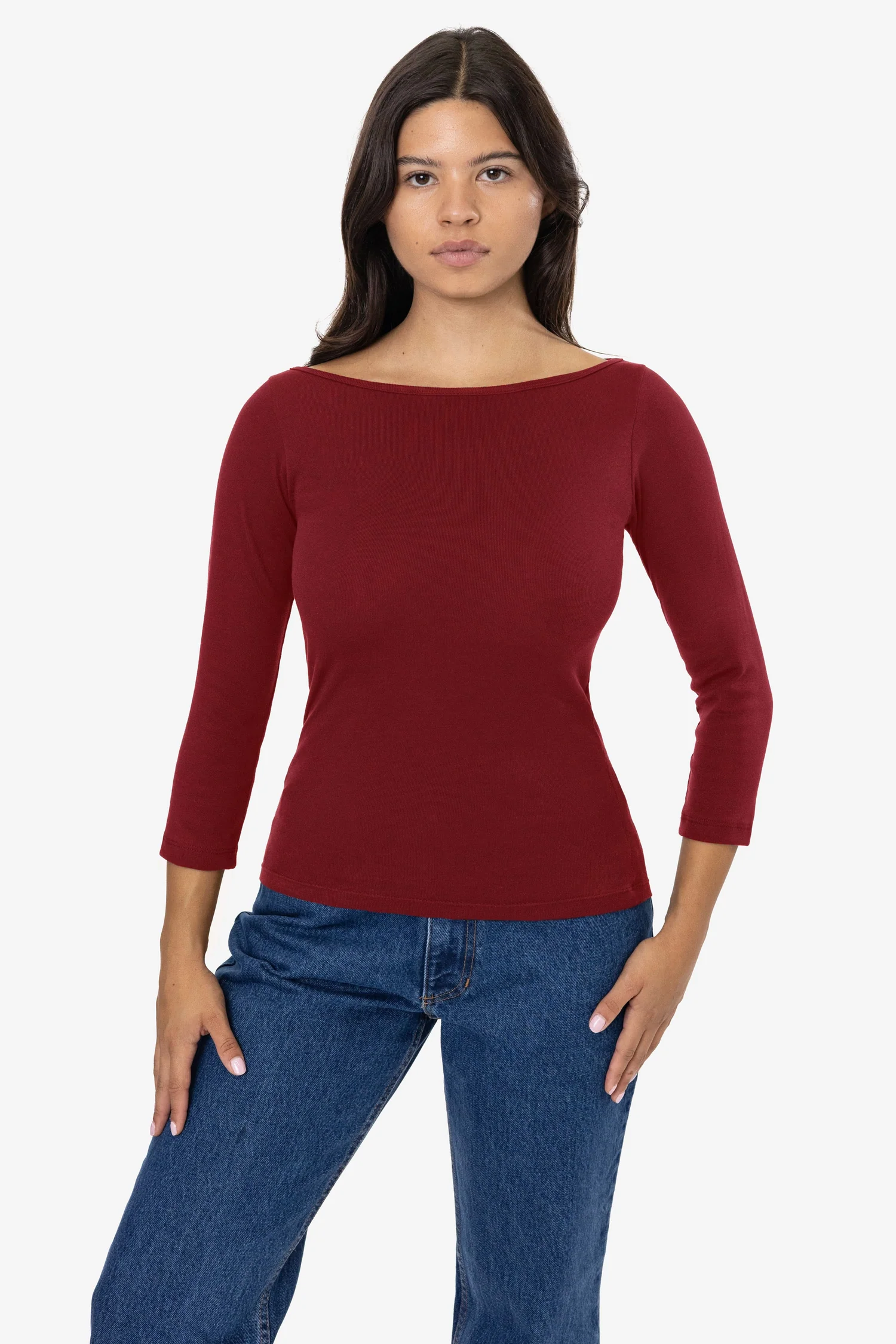 Los Angeles Apparel , Baby Rib 3/4 Sleeve Boatneck Top