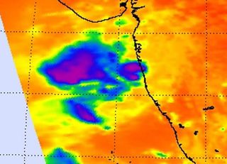 This infrared image of Cyclone Jal's remnants on Nov. 9 at 1:30 p.m. local time (India) showed that the strongest convection (purple) and thunderstorms are now occurring to the west of the center of circulation over the open waters of the Arabian Sea.