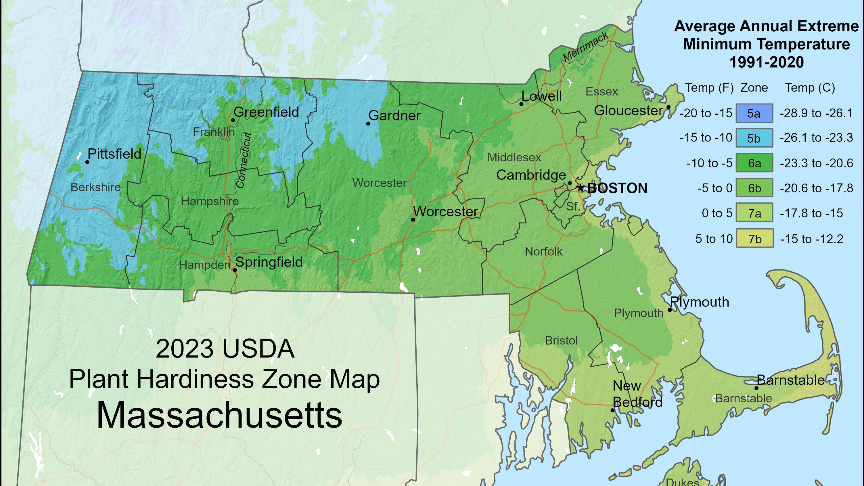 USDA Plant Hardiness Zone Map for Massachusetts