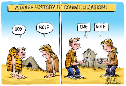 World Evolution of communication caveman texting internet millennials
